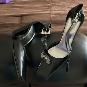 Nine West Black Square-Toe Ankle Strap Block Heels